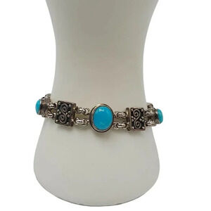 Turquoise Sterling Silver 925 Vintage Bracelet Intricate Design Toggle Clasp